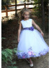 White Satin Tulle Purple Petals Tea Length Flower Girl Dress White Satin Tulle Purple Petals Tea Length Flower Girl Dress